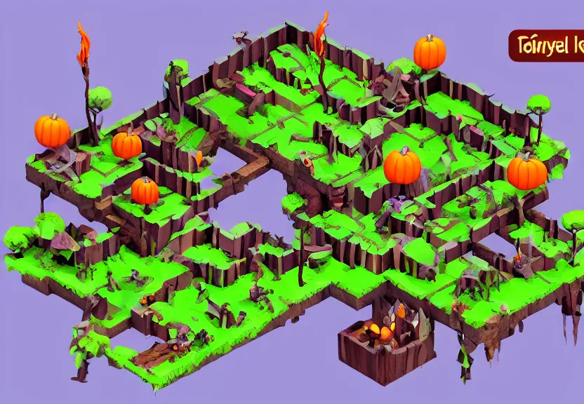 Image similar to evil forest halloween themed isometric game level, stylized, toon shader, arnold maya render