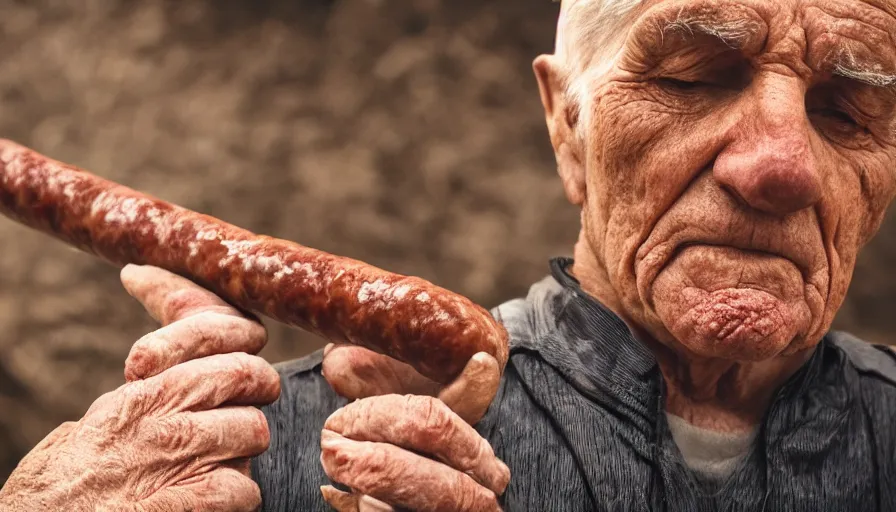 Prompt: old man with a long sausage for a nose, people stop to stare, cinematic lighting, 8k,