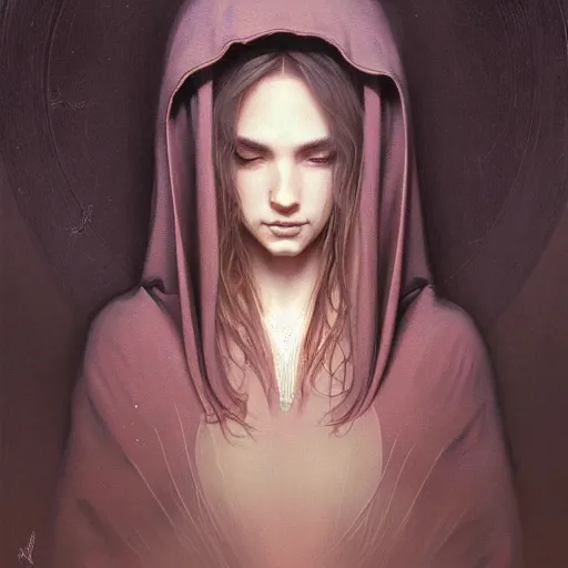 Image similar to Portrait of a young woman wearing a hooded robe, in a trance, intricate, elegant, highly detailed, digital painting, artstation, concept art, smooth, sharp focus, illustration, art by artgerm and greg rutkowski and alphonse mucha, by beksinski