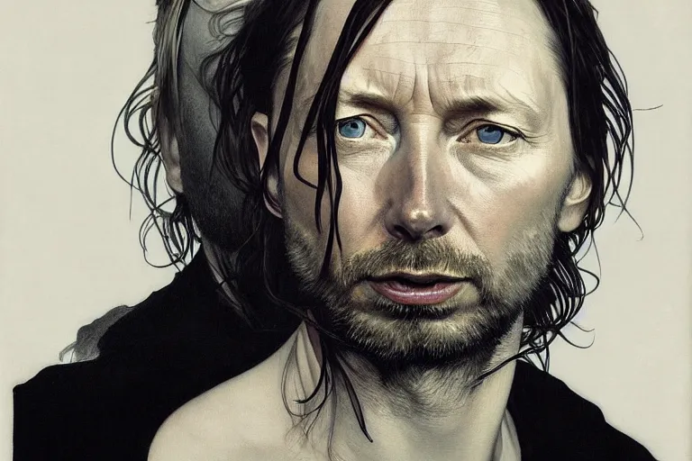 Image similar to hyper realistic portrait of thom yorke singer songwriter, side, liminal space, by lee bermejo, alphonse mucha and greg rutkowski, obese head