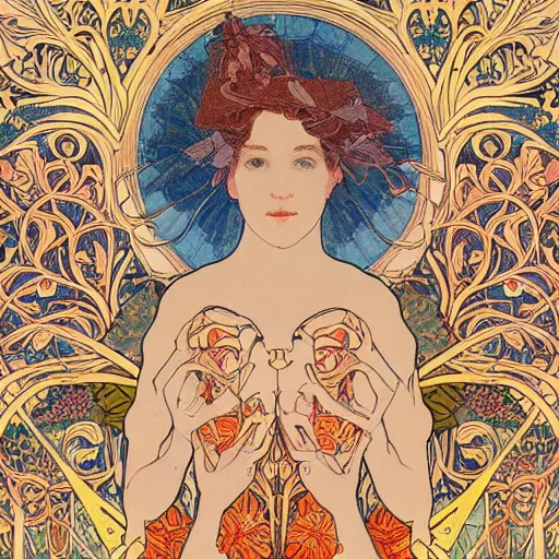 Image similar to ethereal nightingale bird made of fabric, alphonse mucha, ganbrood william morris, delicate, textured, ornate, complex detailed illustration, swirling, octane render, intricate detail, orange blue gold