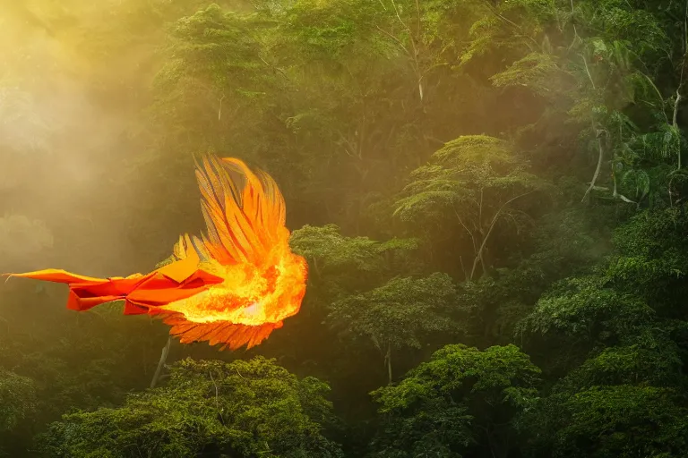 Prompt: photo of a burning phoenix origami fying over the rainforest, award-winning photograph, national geographic, wildlife, 8k UHD, lens flare