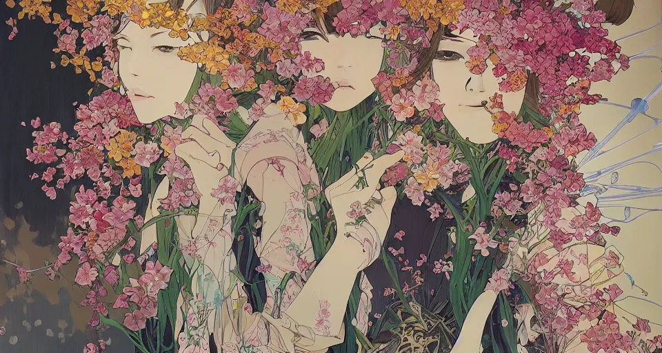 Image similar to oil painting, long shot, beautiful floralpunk japanese bio mechanical female walking illustration detailed patterns art of japan traditional dress, flower pop art, floral splash painting, art by ashley wood, alphonse mucha, makoto shinkai, geof darrow, dark shadow