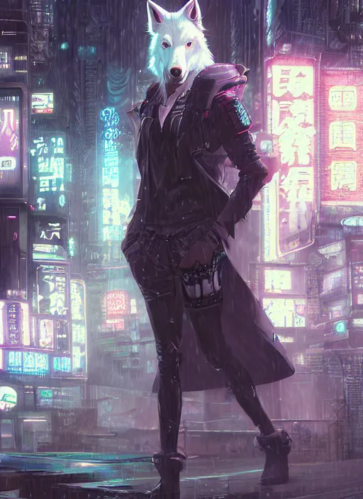 Image similar to character portrait of a male anthro albino wolf fursona with a tail and a cute beautiful attractive detailed furry face wearing stylish cyberpunk clothes in a cyberpunk city at night while it rains. hidari, color page, tankoban, 4K, tone mapping, Akihiko Yoshida. Nomax, Kenket, Rukis. comic book style, photorealistic, professional lighting, hyperdetailed, high resolution, high quality, dramatic, deviantart, artstation, 4k, real photo