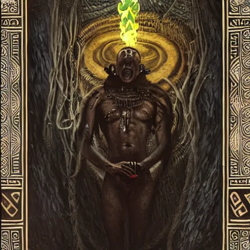 Prompt: a death tarot card featuring an african shaman, cyberpunk voodoo, by anton semenov and gustave dore, oil on canvas