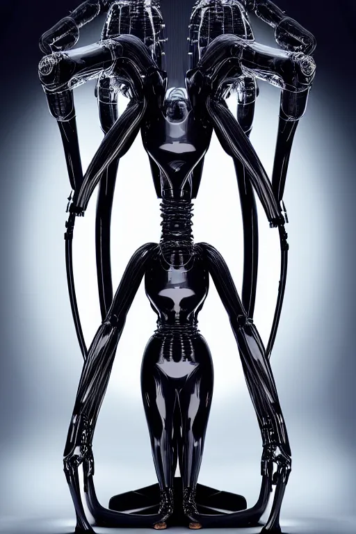 Image similar to background space station, black inflateble dress iris van herpen positing on floor, helmet instead of a head, perfect symmetrical, full body shot, inflateble shapes, wires, tubes, veins, jellyfish, white biomechanical details, wearing epic bionic implants, masterpiece, intricate, biopunk, vogue, highly detailed, artstation, concept art