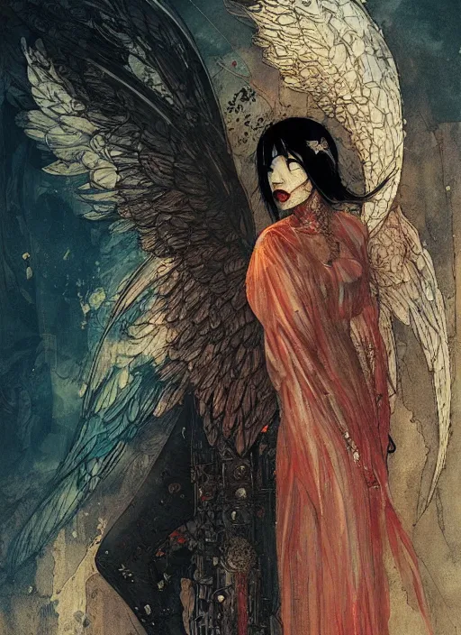 Prompt: angel, eun emerging from renaissance italy into a cyberpunk mutiversal realm by conrad roset, nicola samuri, dino valls, m. w. kaluta, jakub rebelka, rule of thirds, seductive look, beautiful