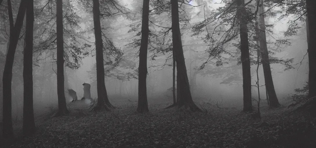 Prompt: giant beast lost in foggy wood, monochrome, analogue photo quality, 35mm