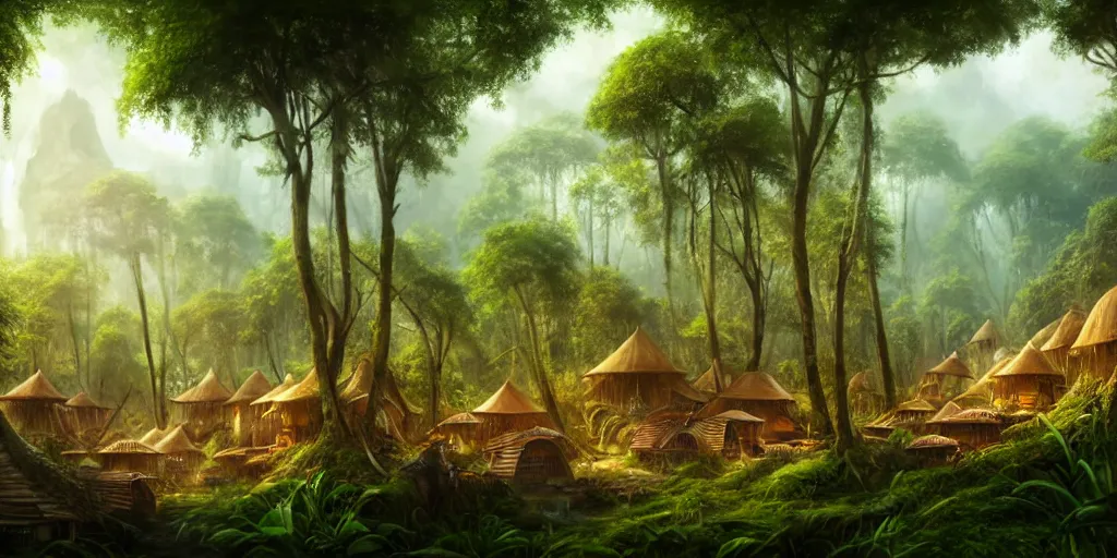 Image similar to a clearing in the jungle reveals a village full of merchant tents and mushroom huts, matte oil painting, science fantasy, retrofuturistic, biblical, rpg, queer, pride, epic, extremely detailed, sharp focus, 4 k