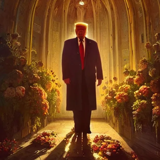 Prompt: a portrait of trump in flowers radiates holy light in the church,in the style of greg rutkowski,epic lighting,Postmodernism style,Masterpieces,oil on canvas