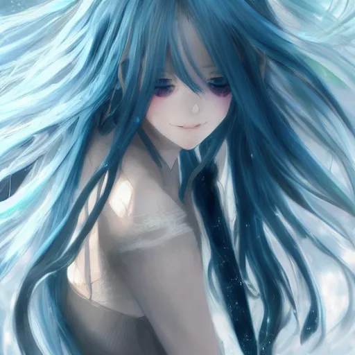 Image similar to an anime character girl with long white hair and blue eyes, a character portrait by hanabusa itcho,, pixiv contest winner, dustin nguyen, akihiko yoshida, greg tocchini, greg rutkowski, cliff chiang, neo - romanticism, official art, anime, elegant