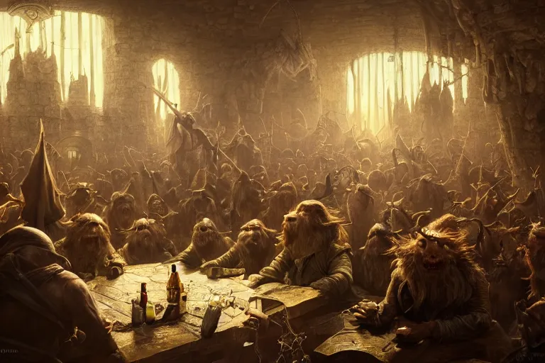 Image similar to Beautiful hyperrealistic detailed matte portrait painting of a goblin rap battle in underground tavern that looks like it's from lord of the rings and bazaar by greg rutkowski, andreas rocha and john howe, and Martin Johnson Heade,featured on artstation, ultrawide angle,f16 , golden ratio, f32, well composed, cohesive