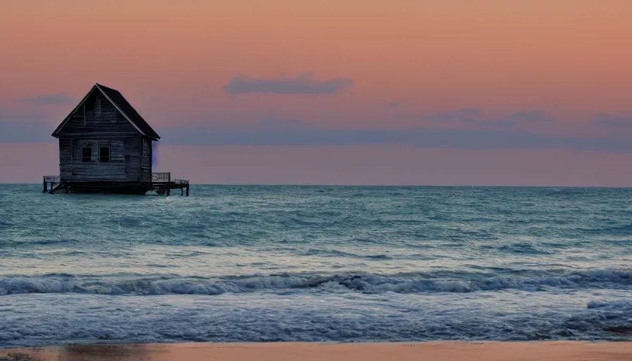 Prompt: a old house standing at a beach at sunset