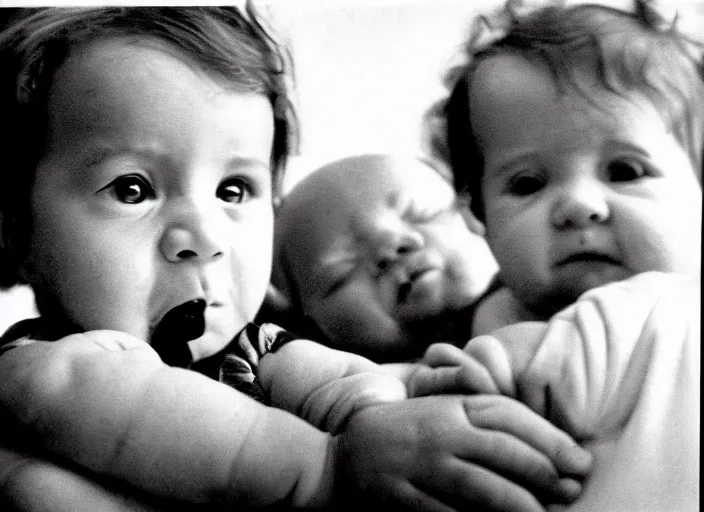 Prompt: high resolution black and white portrait with an 8 0 mm f / 1 2 lens of babies in chernobyl in 1 9 8 9.