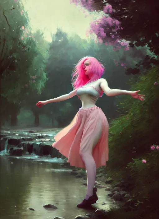 Prompt: whimsical young woman, beautiful girl, full body, pink hair, by a stream, realistic, serov, surikov, vasnetsov, repin, kramskoi, insanely detailed, charlie bowater, tom bagshaw, high resolution, octane rendered, unreal engine, illustration, trending on artstation, masterpiece, 8 k