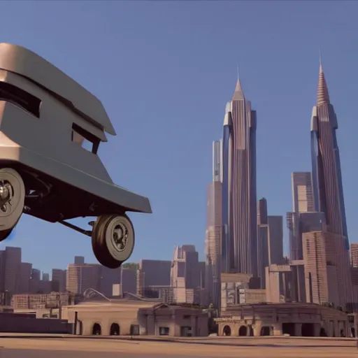 Image similar to a promotional movie still of a futuristic flying truck. the truck is hovering high in the air next to a tall impressive looking building. the truck looks like a food truck. fifth element ( 1 9 9 7 ), unreal engine 5, octane 3 d, render, imax 7 0 mm