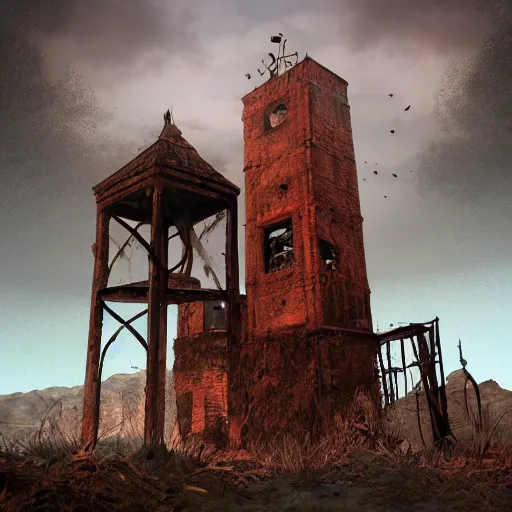Prompt: an abandoned old rusty clocktower in a dark enormous cave dream photography, painting, perfectly balanced light, digital art, unreal engine, trending on artstation,