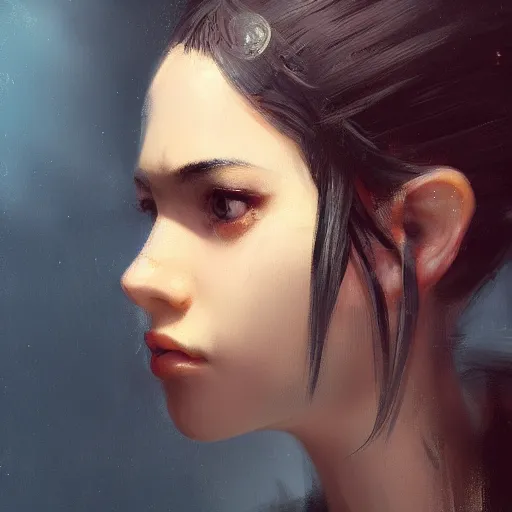 Prompt: a cute girl by ruan jia, closeup headshot, black ponytail, movie style, high detailed.