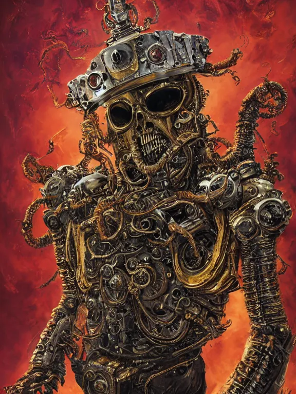 Image similar to portrait art of 8k ultra realistic undead eldritch horror corrupted king, astronaut , ornate gold crown , detailed intricate ornate armour,decaying, cybernetic, full of colour, cinematic lighting, battered, trending on artstation, 4k, hyperrealistic, focused, extreme details,unreal engine 5, cinematic, masterpiece, art by ayami kojima, giger