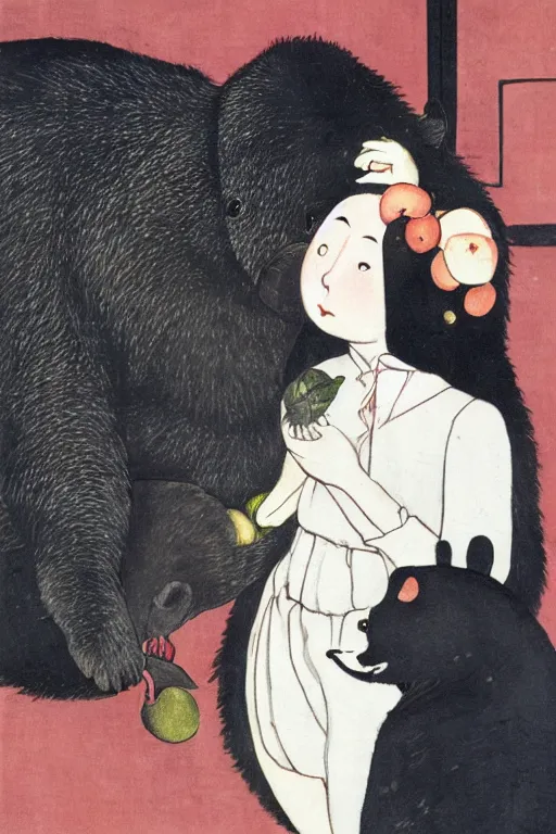 Image similar to portrait of a girl giving a peach to a large anthropomorphic asian black bear, in the style of foujita tsuguharu