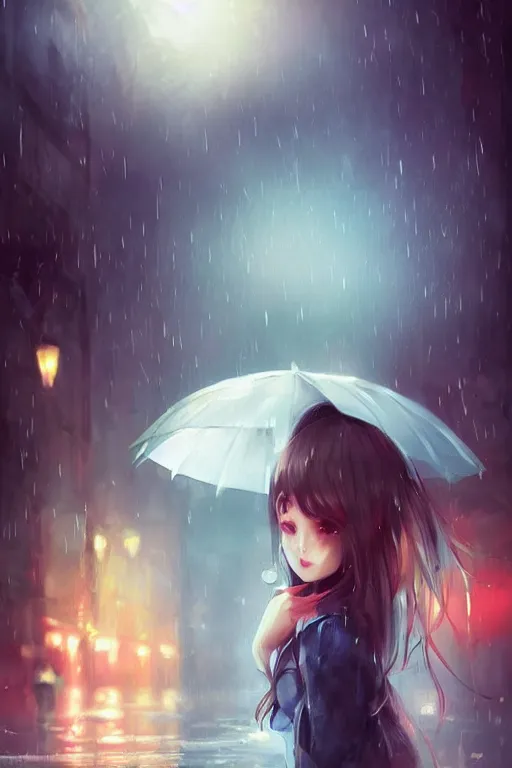 Prompt: cute girl in the rain under an umbrella, by wlop, concept art, poster, sailor moon artstyle