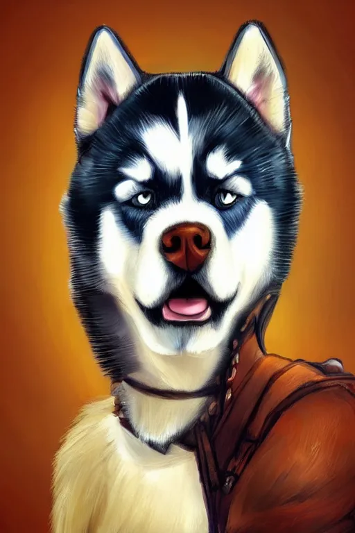 Image similar to a portrait painting of a husky in cowboy costume in the style of anime, character design, a fistful of dollars, per un pugno di dollari, treniding on artstation