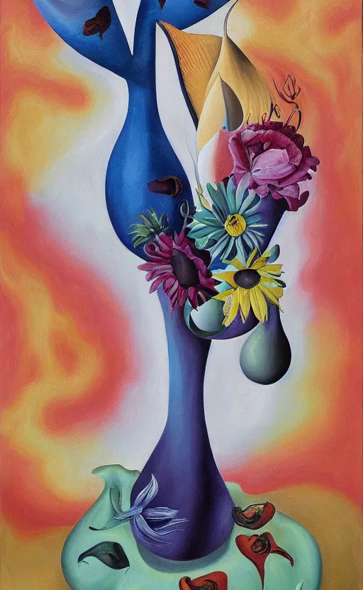 Prompt: a biomorphic painting of a vase with flowers in it, a surrealist painting by Bridget Bate Tichenor, by Georgia O'Keeffe, by Amanda Sage, featured on deviantart, metaphysical painting, oil on canvas, acrylic art, airbrush art