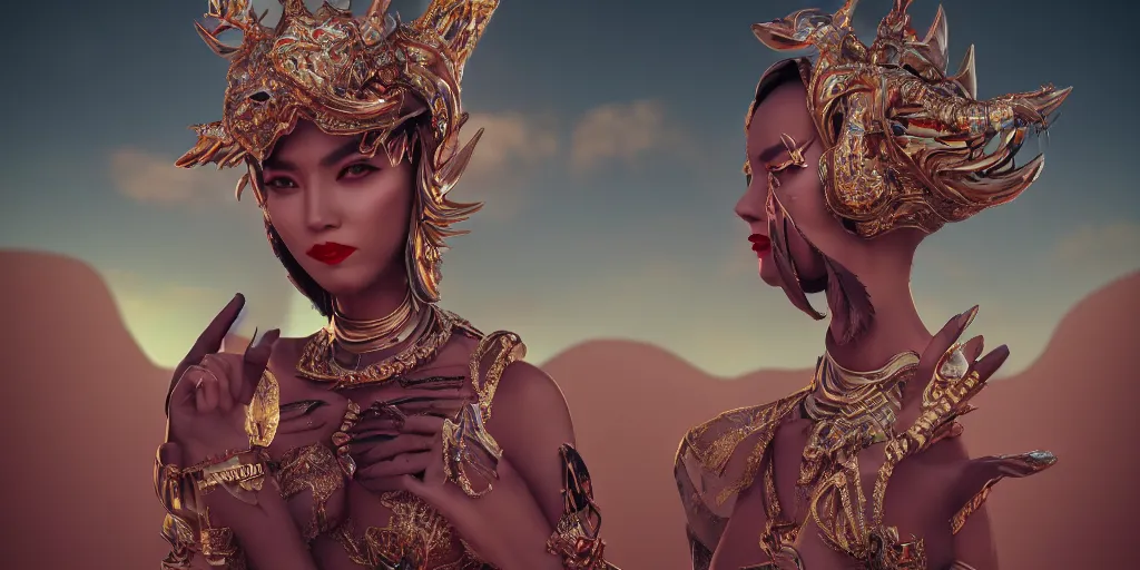 Prompt: giesha demon, innovative avant - garde art, deco fashion, asian women, highly detailed, photorealistic portrait, serene desert setting, crisp quality and light reflections, octane render, taror card with ornate border frame