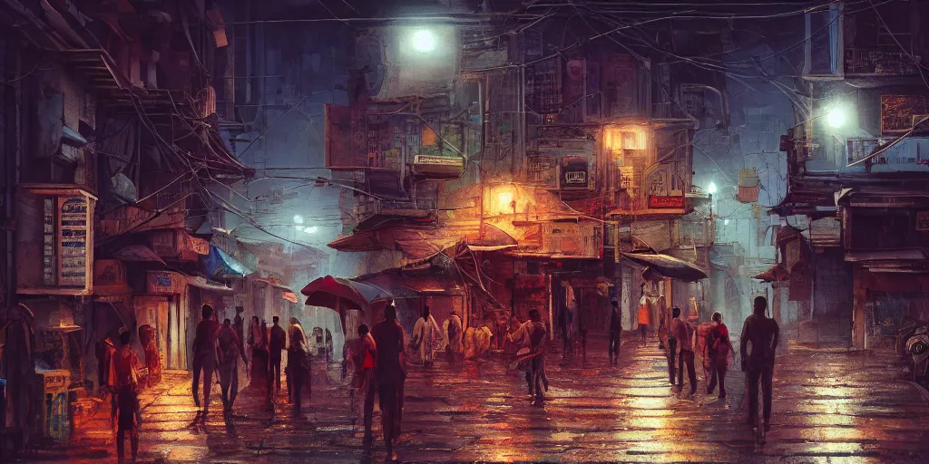 Prompt: indian style, small building, city, street, science fiction, cyberpunk, rain day, wide angle, full of people, moon, a lot of lights, cinematic lighting, high detail, digital painting, concept art, illustration, smooth, sharp focus, trending on artstation, trending on deviantart, 4 k