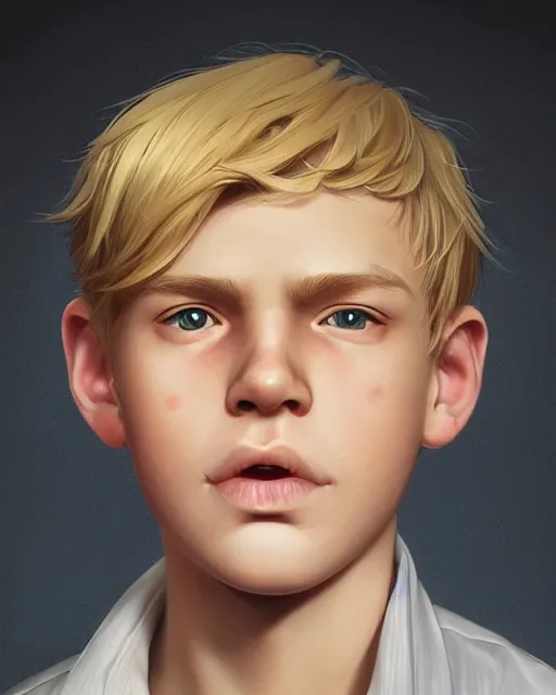 Prompt: portrait of 1 5 - year - old boy with blonde hair, round - face, and slightly buck - toothed, hyper realistic face, beautiful eyes, character art, art by artgerm lau and wlop and and ilya kuvshinov and john singer sargent, hyperdetailed, symmetrical, cryengine, trending on artstation, digital art