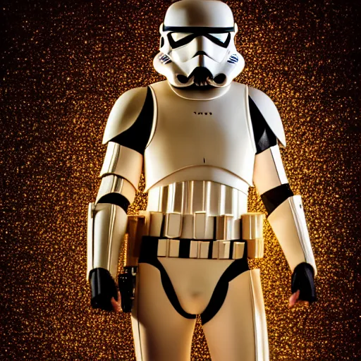 Prompt: fashion photoshoot of a Stormtrooper in a modeling pose with a shiny golden chain, big studio lighting, coloured backdrop and backlight, medium shot, dutch angle, 50 mm lens, flash photography, highly detailed, medium format, vogue