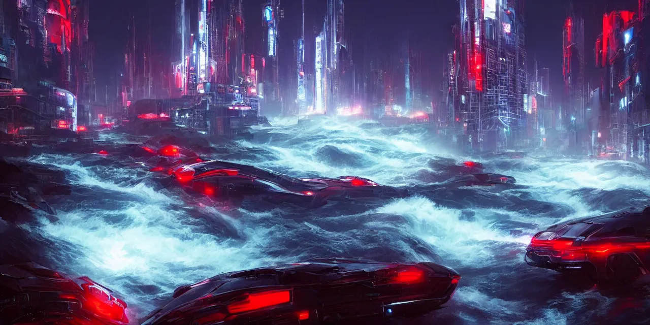 Prompt: turbulent river rapids rushing through a futuristic city at night , volumetric lighting, blue and red glowing lights, 4k, octane, digital painting, artstation, concept art, sharp focus, illustration, high contrast, high saturation , cinematic film still, by artgerm and greg rutkowski