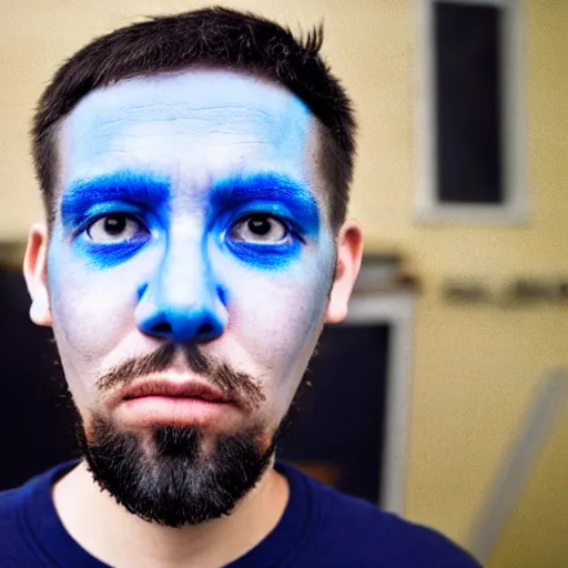 Prompt: fish eye lens close up photograph of a man with blue skin and a goatee side eyeing from below the camera with a sympathetic look