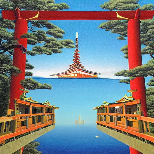 Prompt: a beautiful shinto shrine made with locally available materials and colors, standing atop the cliffs of dover, rob gonsalves painting