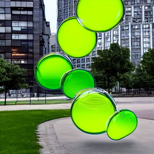 Prompt: chartreuse chrome energy blob hovering city park