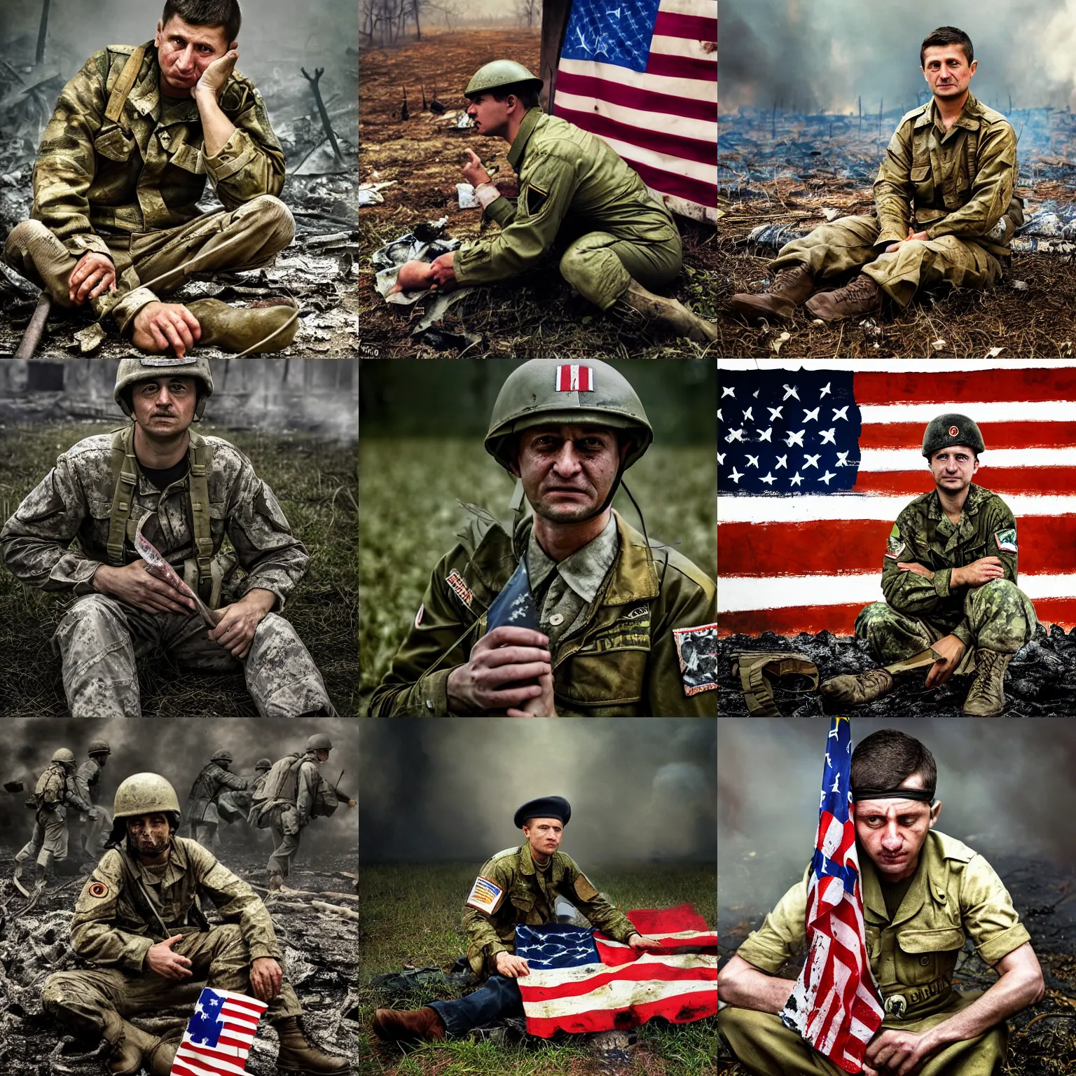 Prompt: Volodymyr Zelensky at war, dressed like a Vietnam war American soldier , sitting on the ground between dead corpses , crying and weeping, holding a half burnt flag of Ukraine, sharp focus, depth of field, hyper detailed, hyper realistic, High definition, by Annie Leibovitz