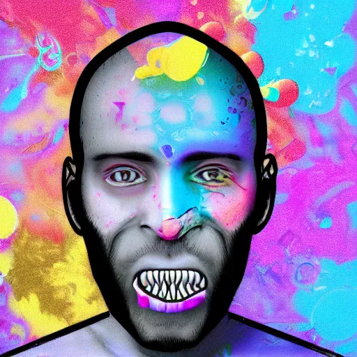 Image similar to man with a tab of acid on his tounge, digital art by mad dog jones