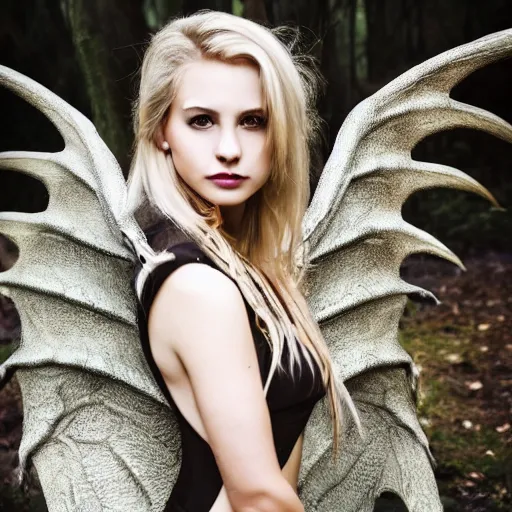 Image similar to very pretty blond dragon girl with huge dragon wings in a dark forest, perfect symmetrical face, shallow depth of field, moody lighting, single point of light, 8 k, ultra realistic, in the style of martina fackova,