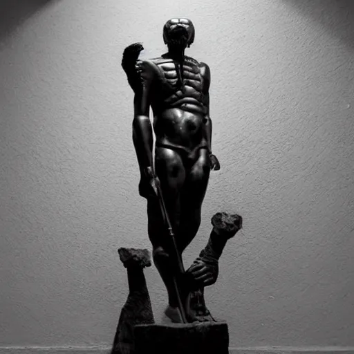 Image similar to The sculpture shows a the large, black-clad figure of the king looming over a small, defenseless figure huddled at his feet. The king's face is hidden in shadow, but his menacing stance and the large, sharp claws on his hands make it clear that he is a dangerous and powerful creature. onyx by Ravi Zupa, by Wendy Froud churning, unified