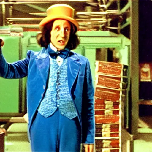 Image similar to security cam footage still of Willy Wonka in his Chocolate Factory