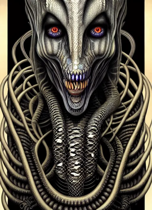 Image similar to lovecraft giger fractal snake portrait, pixar style, by tristan eaton stanley artgerm and tom bagshaw.