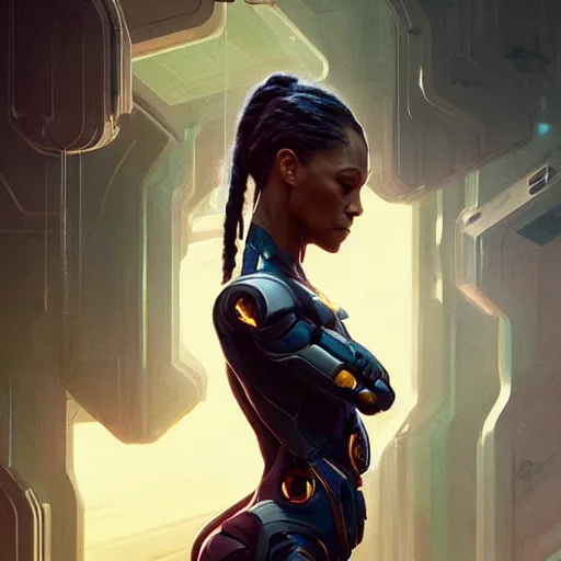 Prompt: cyborg Zoe saldana profile picture by Greg Rutkowski, dynamic pose, intricate, futuristic, fantasy, elegant, by Stanley Artgerm Lau, greg rutkowski, thomas kindkade, alphonse mucha, loish, norman Rockwell,