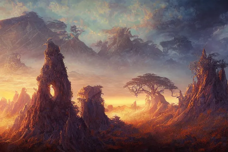 Image similar to fantasy painting, aerial view of an ancient land, sunset and ominous shadows over the kingdom by jessica rossier and brian froud