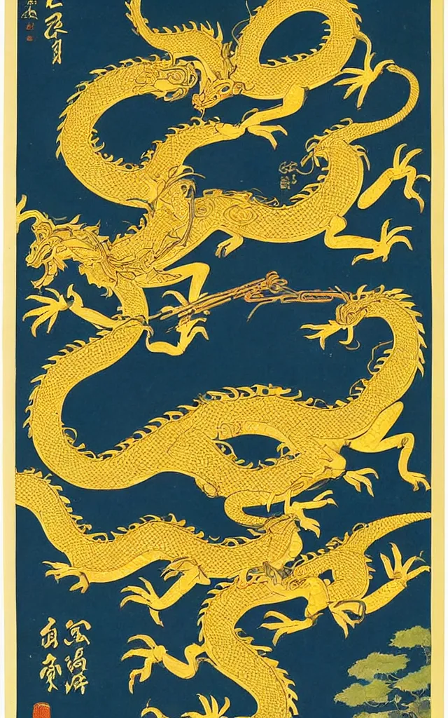 Image similar to a chinoiserie poster depicting a golden dragon