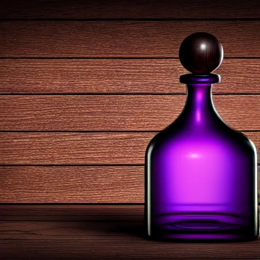 Image similar to hyper realistic poison bottle, purple liquid inside on a wood table. the bottle is design like a perfume bottle. background is a dark ancient laboratory complex architecture wood and stone. professional digital art, dnd style, ultra detailed, trending on artstation, concept art, octane render, unreal engine 5, 8 k rendering.