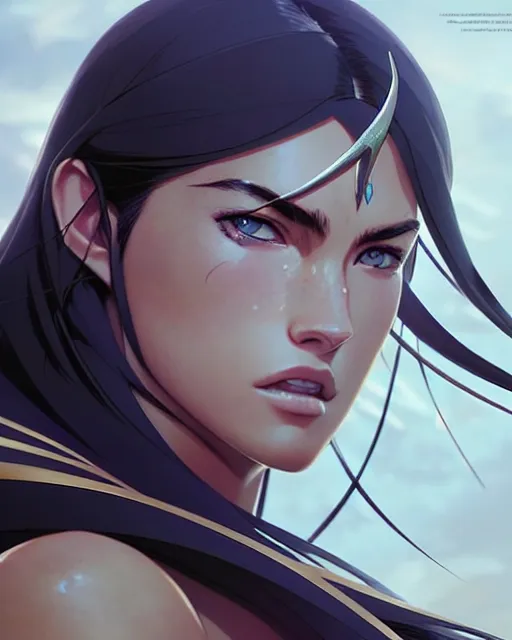 Image similar to azctec warrior, megan fox, detailed perfect face, exquisite details, fire magic, mid view, design on a white background, by studio muti, greg rutkowski makoto shinkai takashi takeuchi studio ghibli