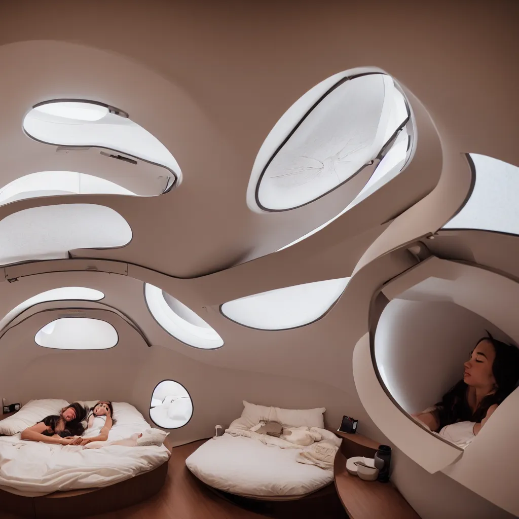 Image similar to inside cozy luxurious curved sleep-pod with wall to wall padding and sound system, warm ambient lighting, XF IQ4, 150MP, 50mm, F1.4, ISO 200, 1/160s, dawn