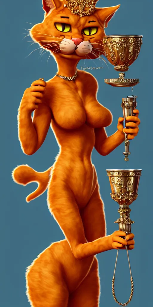Prompt: fullbody!! personification of garfield the cat garfield goddess holding a blood chalice, detailed, stunning, garfield cat face, hyperrealistic, trending on artstation, smooth and sharp, intricate, highly detailed, elegant, professional character concept art by tatyana kupriyanova