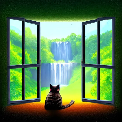 Image similar to a beautiful landscape including a waterfall and a forest through a window, cat sitting on the edge of the window, illustration, digital art, trending on artstation