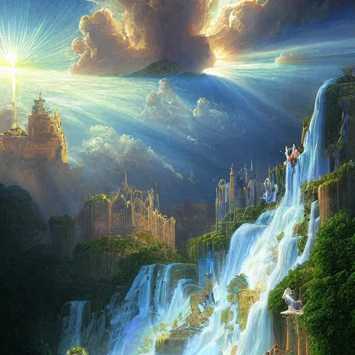 Image similar to realistic detailed view of heaven by terance james bond, russell chatham, greg olsen, thomas cole, james e reynolds, photorealistic, fairytale, art nouveau, white light, gold color, illustration, concept design, storybook layout, story board format